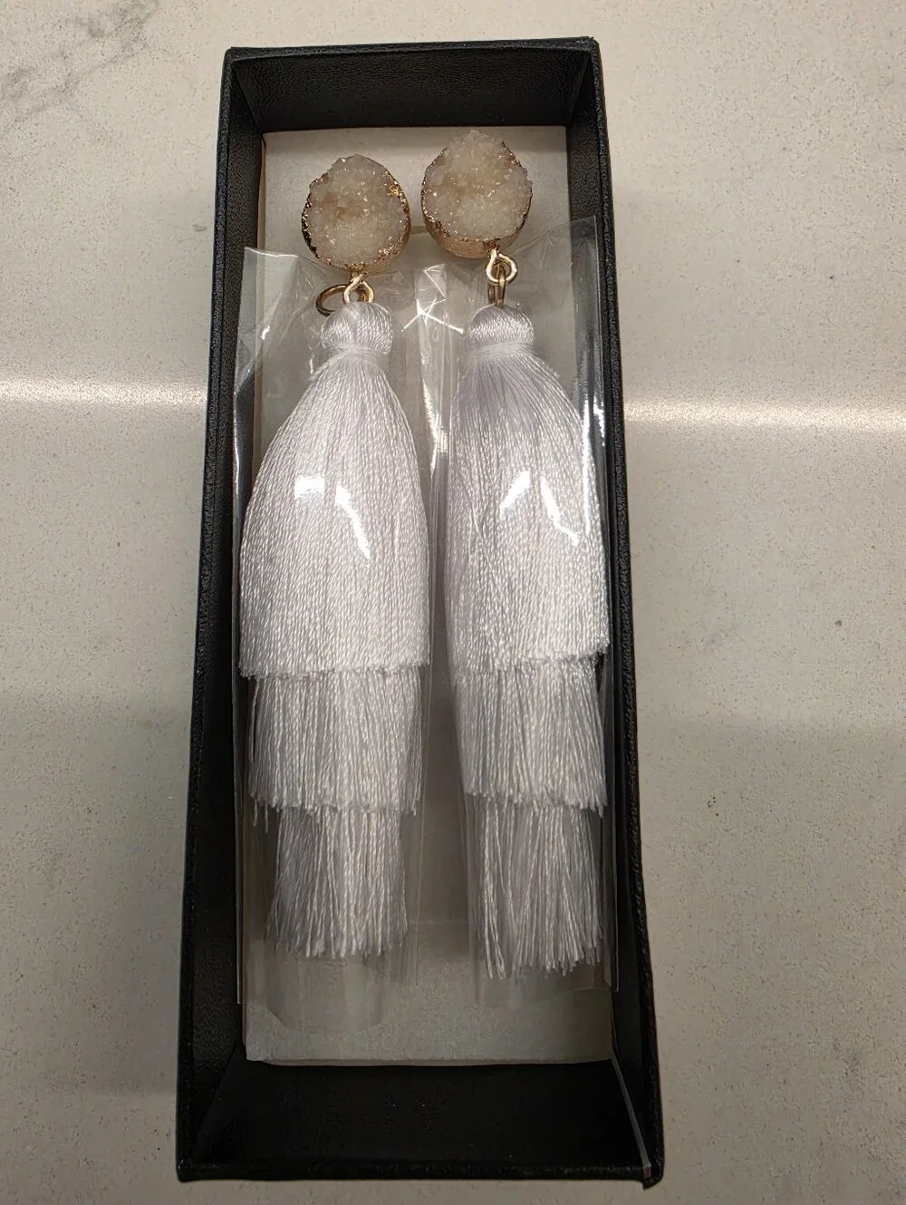 White Sparkling Stone Tassel Earrings Layered 3 Tier Crystal Boho Dangle Drop